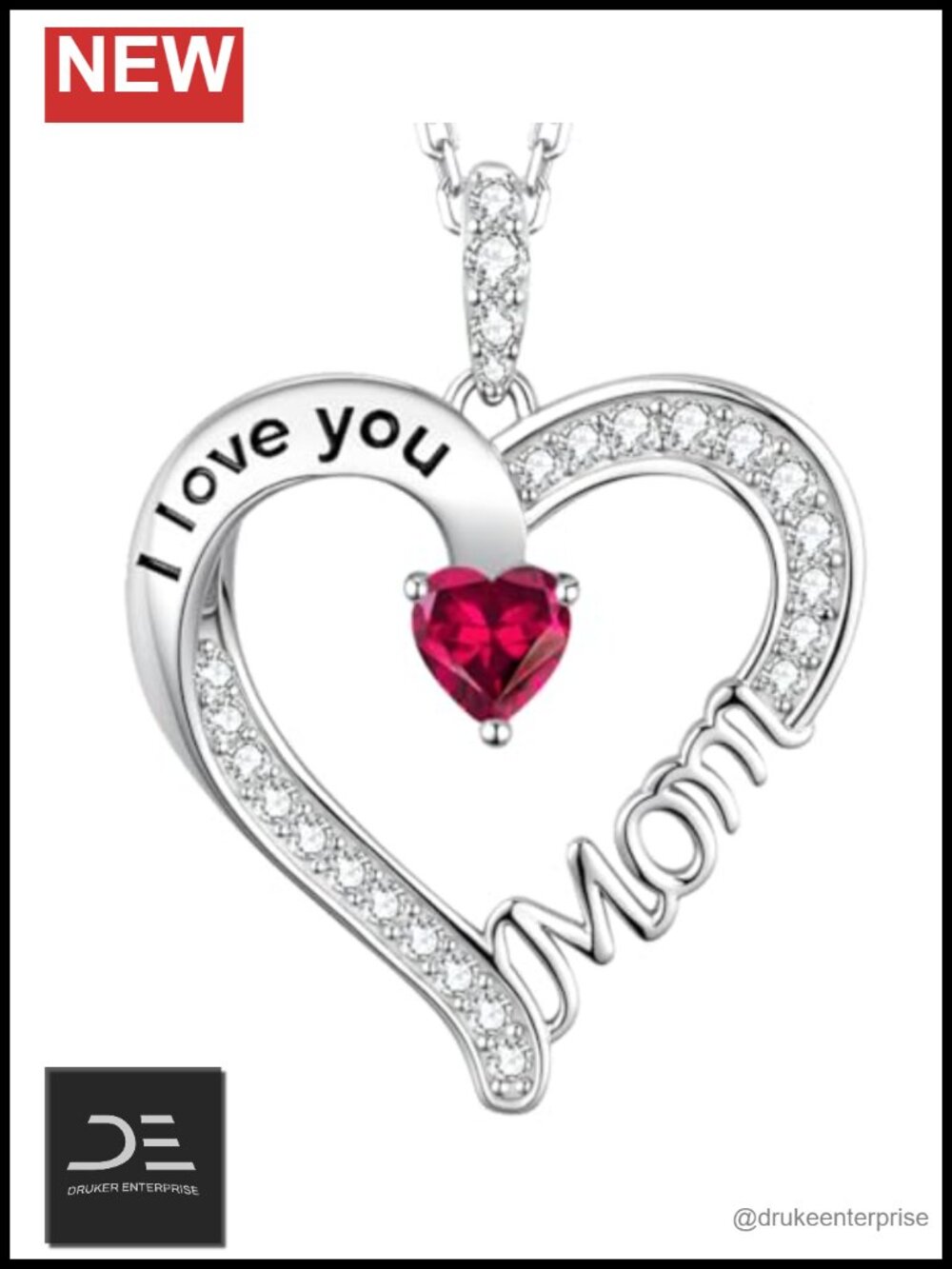 I Love You Mom Necklace 925 Sterling Silver Heart Pendant July Birthstone Ruby